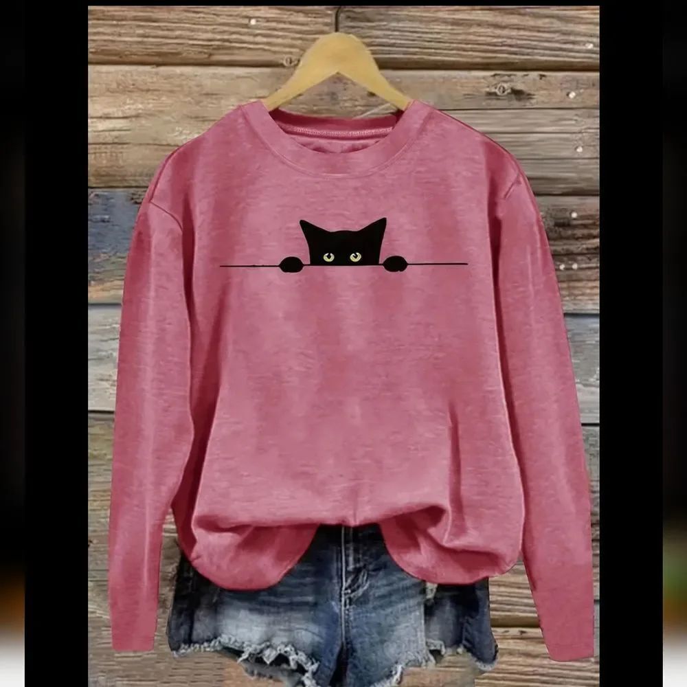 Black Cat Print Long-Sleeved Crew Neck Casual T-Shirt Sz XXL (14)